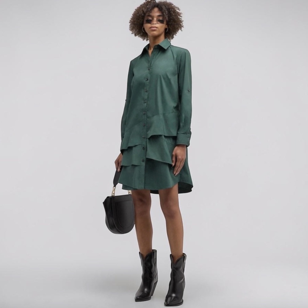 Finley Jenna Shirt Dress Womens XS Hunter Green Weathercloth Tiered‎ Ruffle NEW